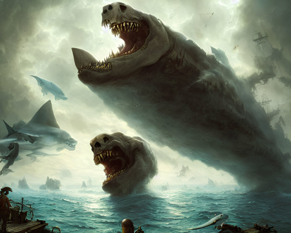 Stormy Ocean Scene: Giant Sharks Attack Ships with Person Facing Danger