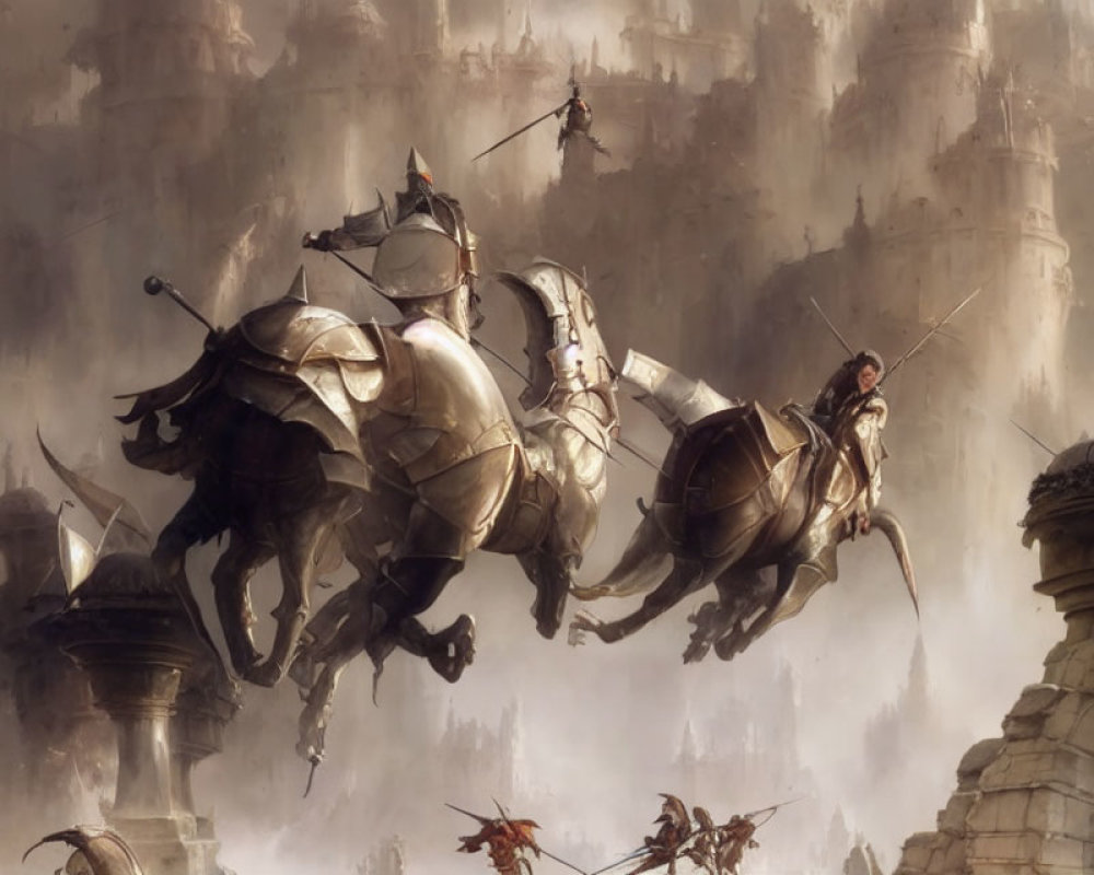 Medieval knights on flying horses battle above a castle landscape