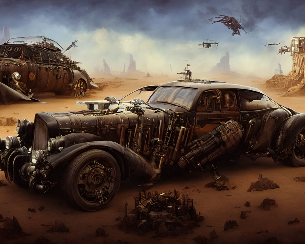 Customized post-apocalyptic vehicles in a desert landscape