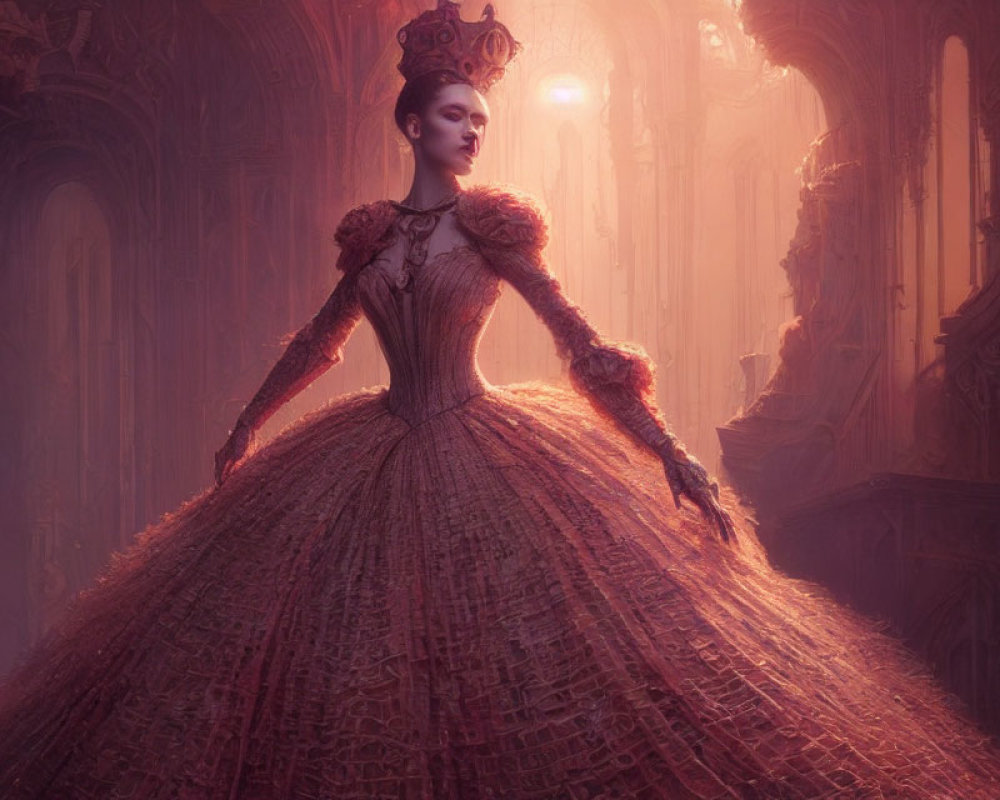 Elegant woman in ornate gown in grand, warm-lit hallway