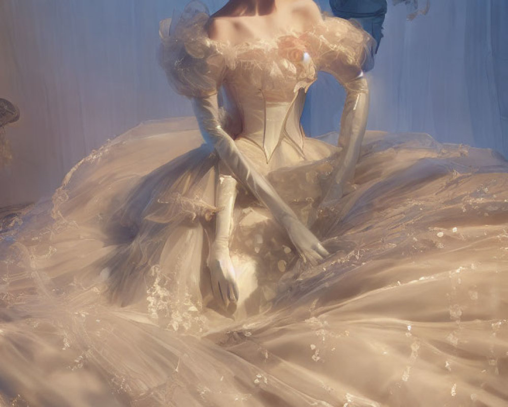 Woman in off-shoulder ball gown with voluminous skirt and gloves against draped curtain.