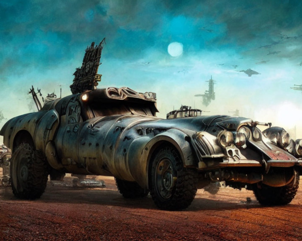 Elaborate Dystopian Vehicle with Armored Plating in Desolate Landscape