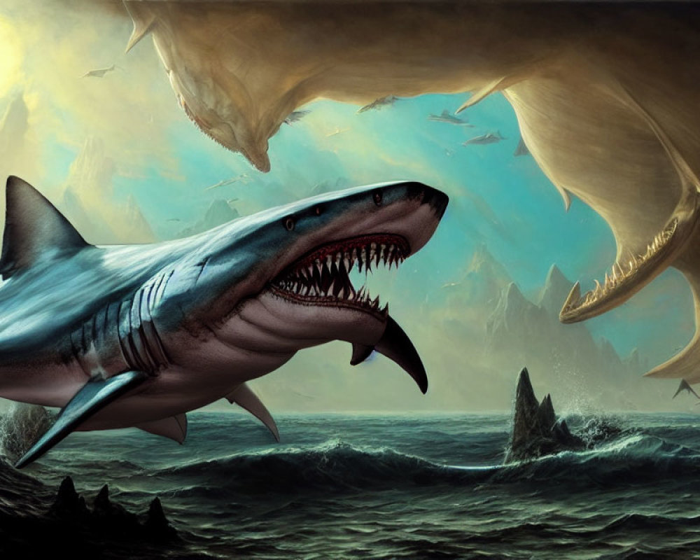 Menacing shark dominates turbulent ocean with surreal creatures