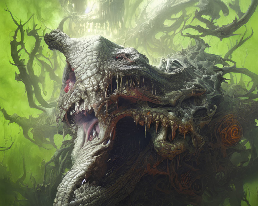 Monstrous dragon roaring in foreboding forest with twisted trees