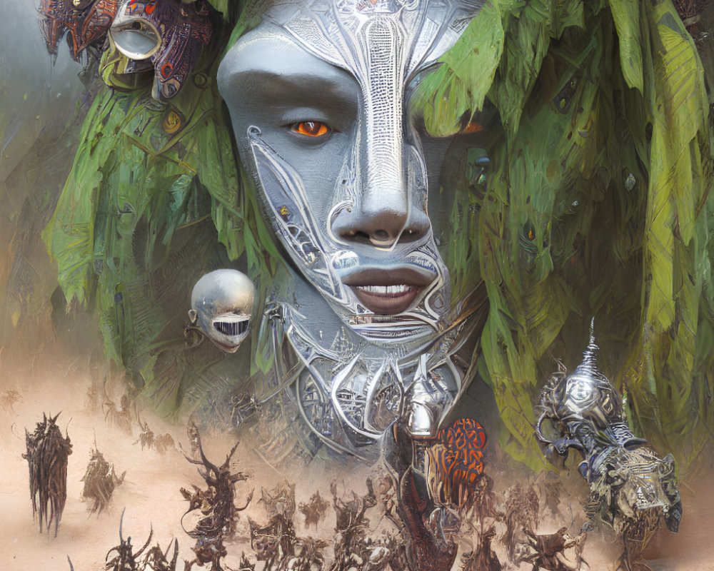 Surreal illustration of giant humanoid face with futuristic warriors.