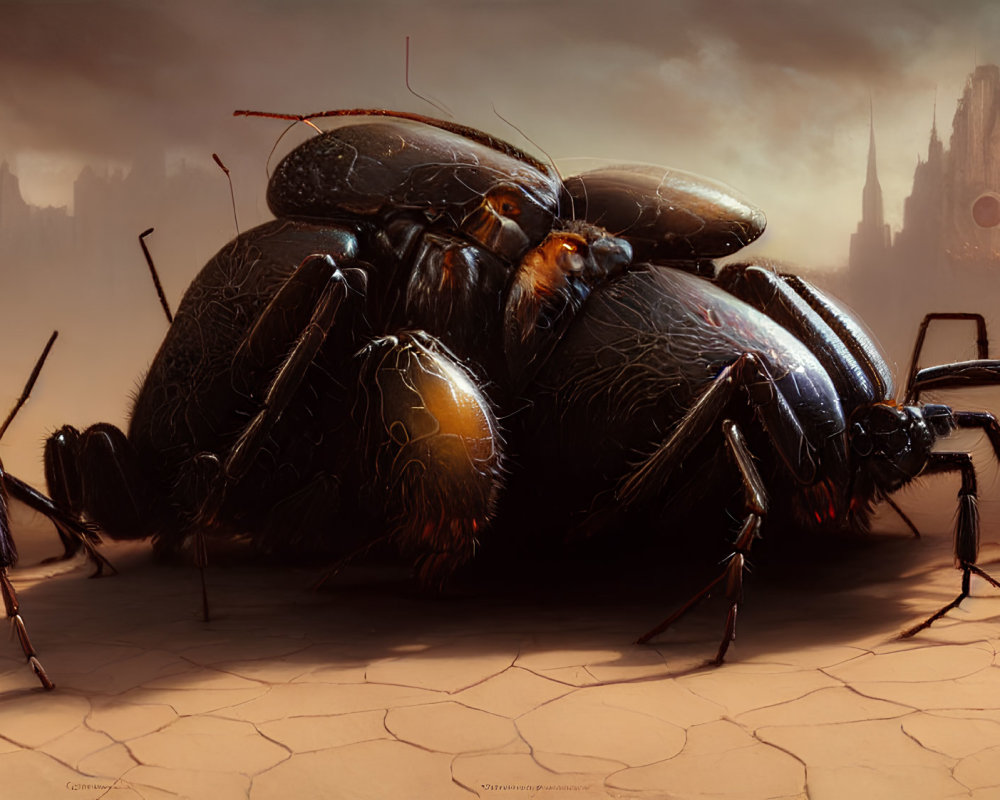 Detailed surreal scene: giant beetles on cracked ground with mysterious city and red eclipse.