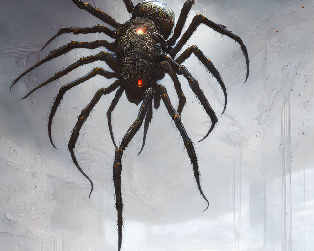 Intricate mechanical spider with glowing red eyes in futuristic cityscape