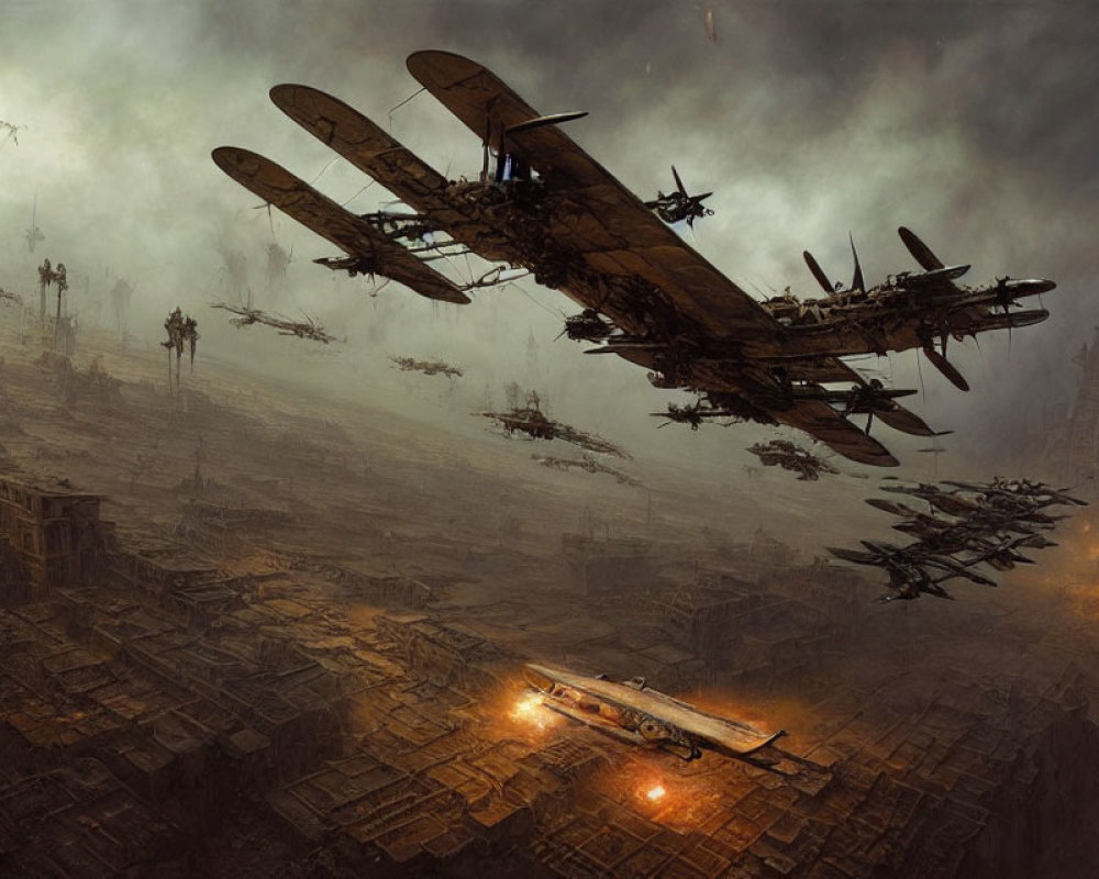 Vintage Aircraft Flying Over Dystopian Landscape