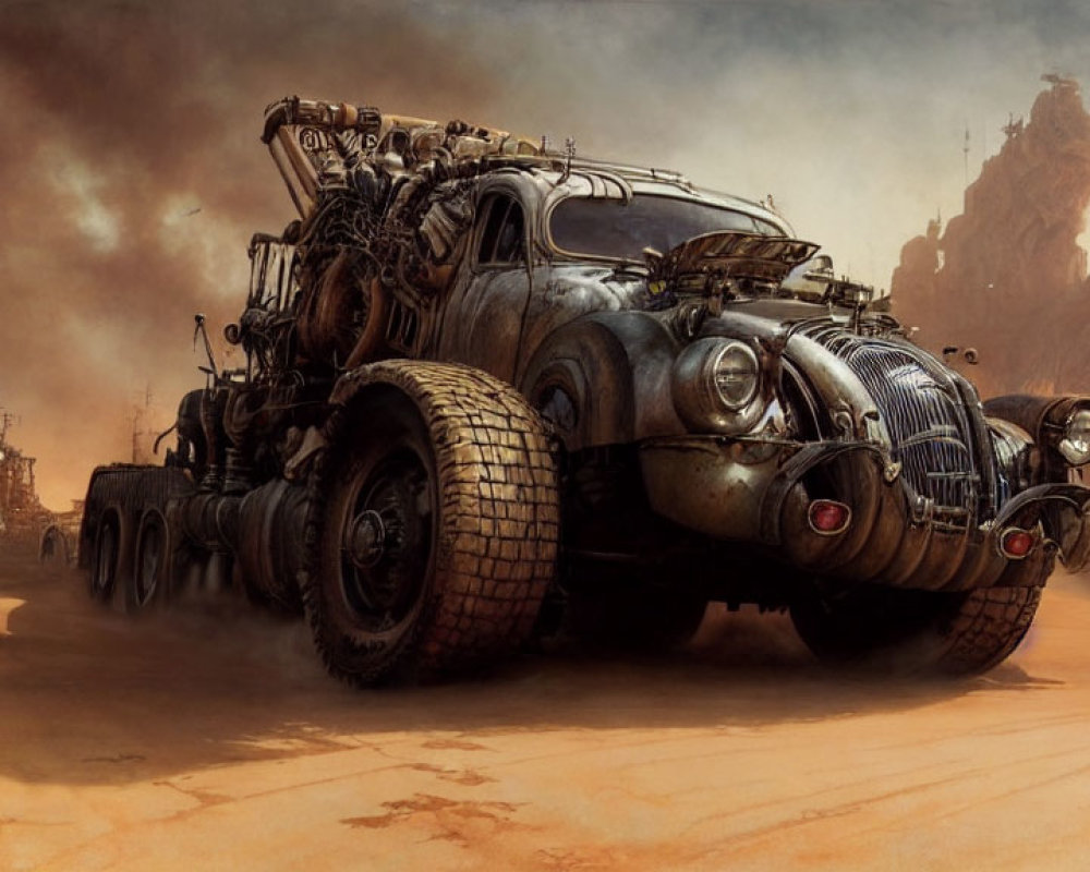 Heavily modified vehicle in post-apocalyptic desert landscape