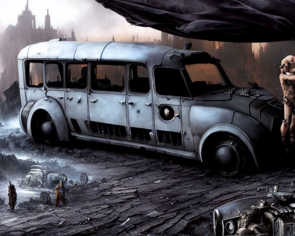 Decrepit Bus in Dystopian Landscape with Humanoid Figure