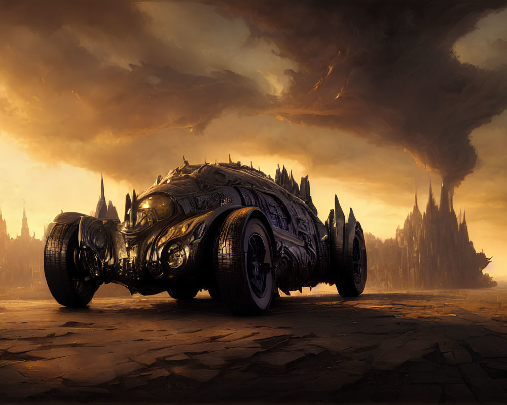 Futuristic vehicle with intricate designs in desolate landscape