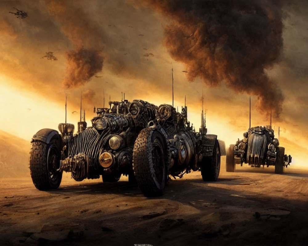 Armored vehicles with large tires in apocalyptic landscape