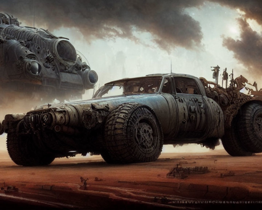 Post-apocalyptic vehicle with large tires and futuristic airship in barren landscape