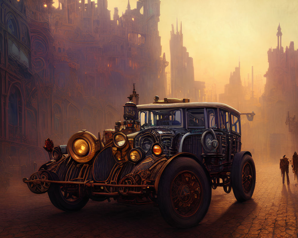 Vintage Car on Cobblestone Street in Fantastical City with Gothic Architecture