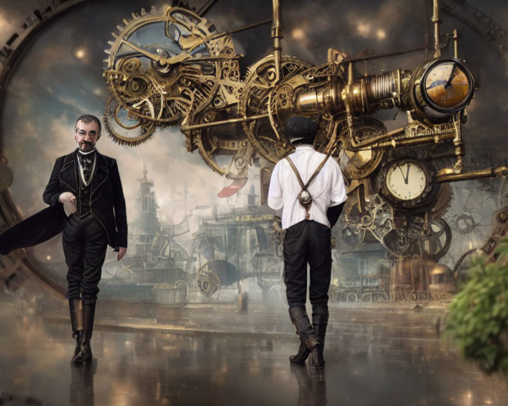 Steampunk man with giant telescope contraption in industrial fantasy setting