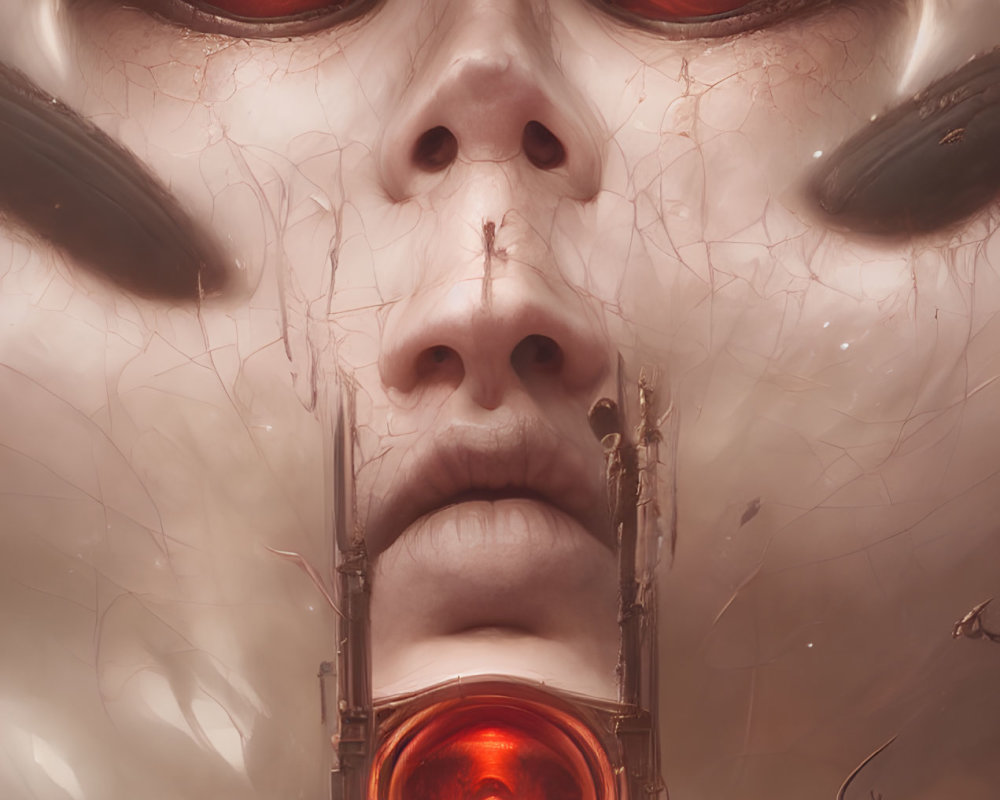 Surreal illustration of face with oversized red eyes and circular mouth aperture in dystopian city setting