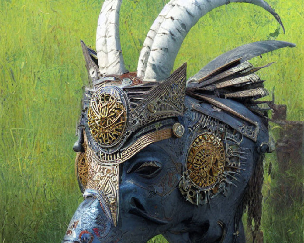 Blue-skinned creature with large horns and golden armor on green backdrop