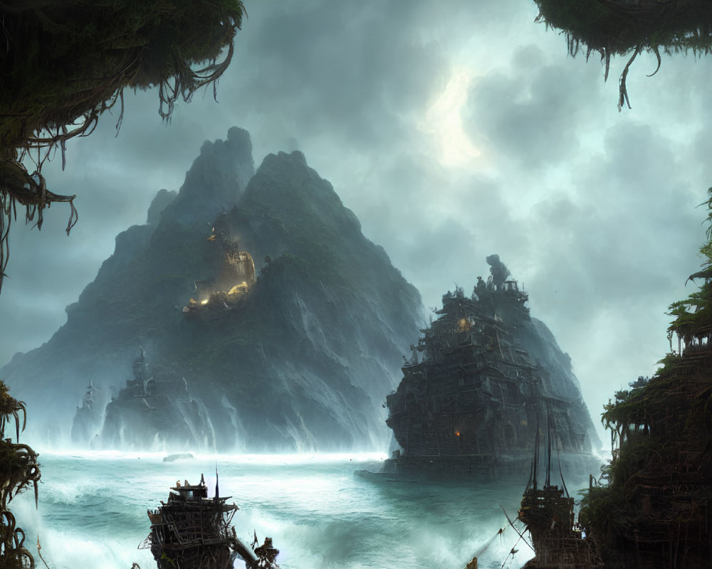 Mystical seascape with towering rocky islands and ancient buildings under stormy sky