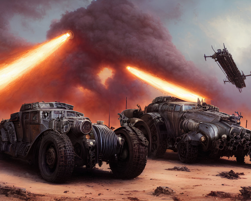 Dystopian battlefield with armored vehicles, explosions, and futuristic aircraft