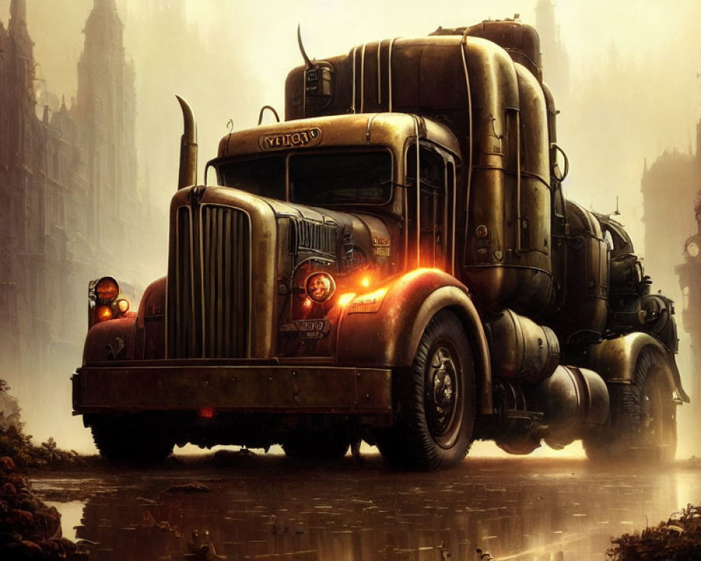 Vintage semi-truck in foggy dystopian landscape with gothic architecture