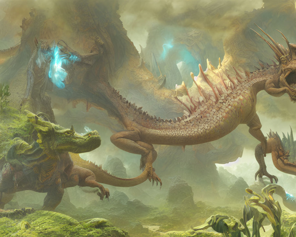 Fantastical landscape featuring giant dragons in lush vegetation and ruins