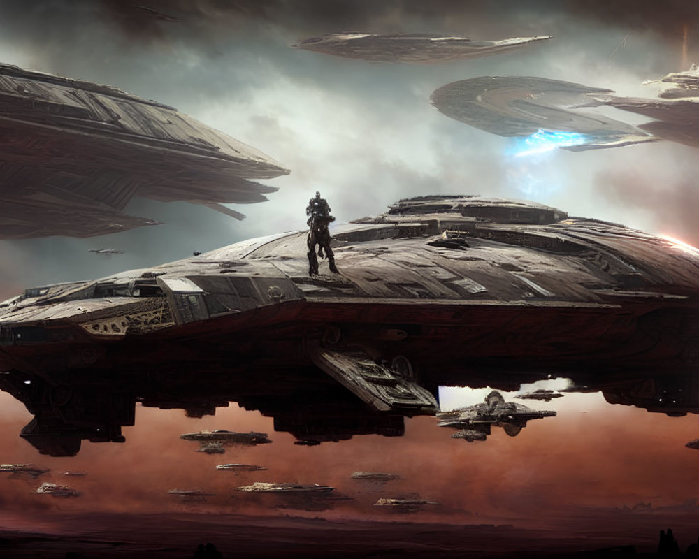 Figure on Large Spaceship Surrounded by Flying Ships in Dramatic Cloudy Sky