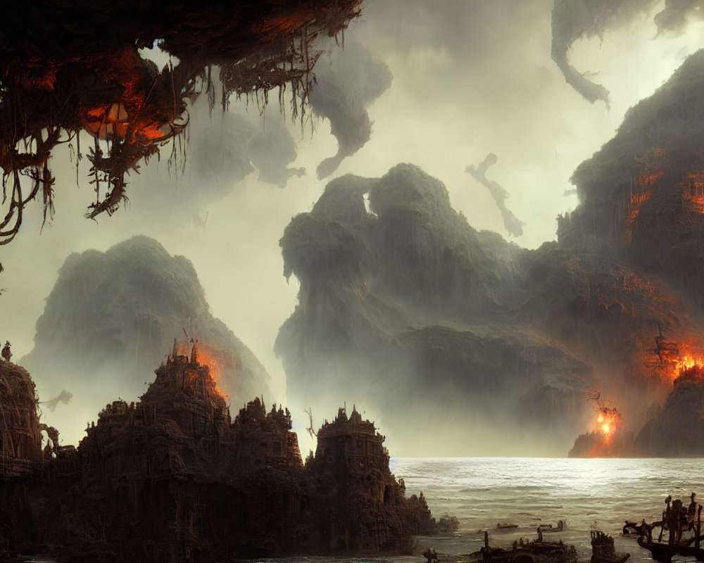 Fantasy landscape with eerie mountains, fiery glow, ancient buildings