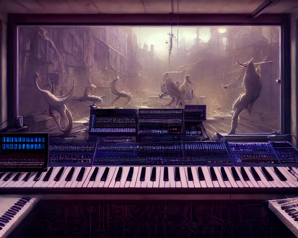 Synthesizer setup in room with large window overlooking dystopian cityscape with alien creatures.