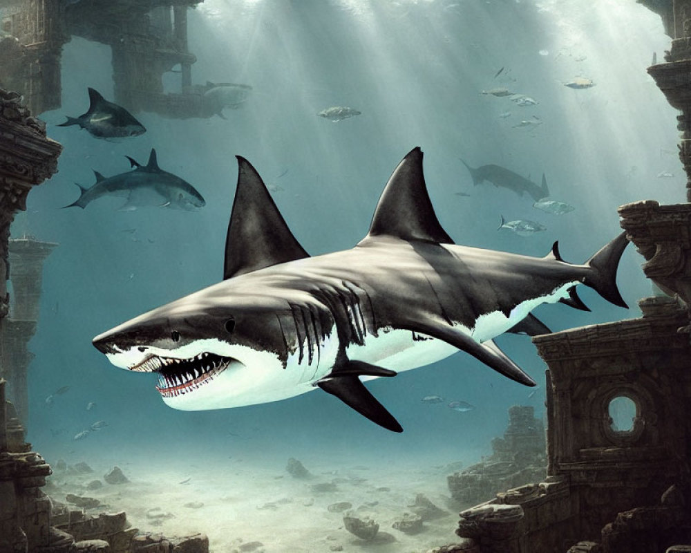 Prominent shark swims among sunken ruins with looming background sharks