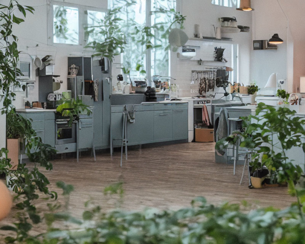 Modern Kitchen with Blue Cabinets, Stainless Steel Appliances, and Green Plants