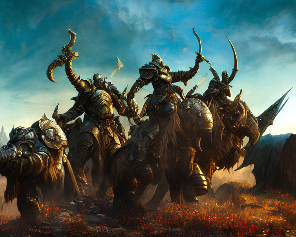 Armored warriors on rhinoceros-like creatures in dramatic fantasy landscape