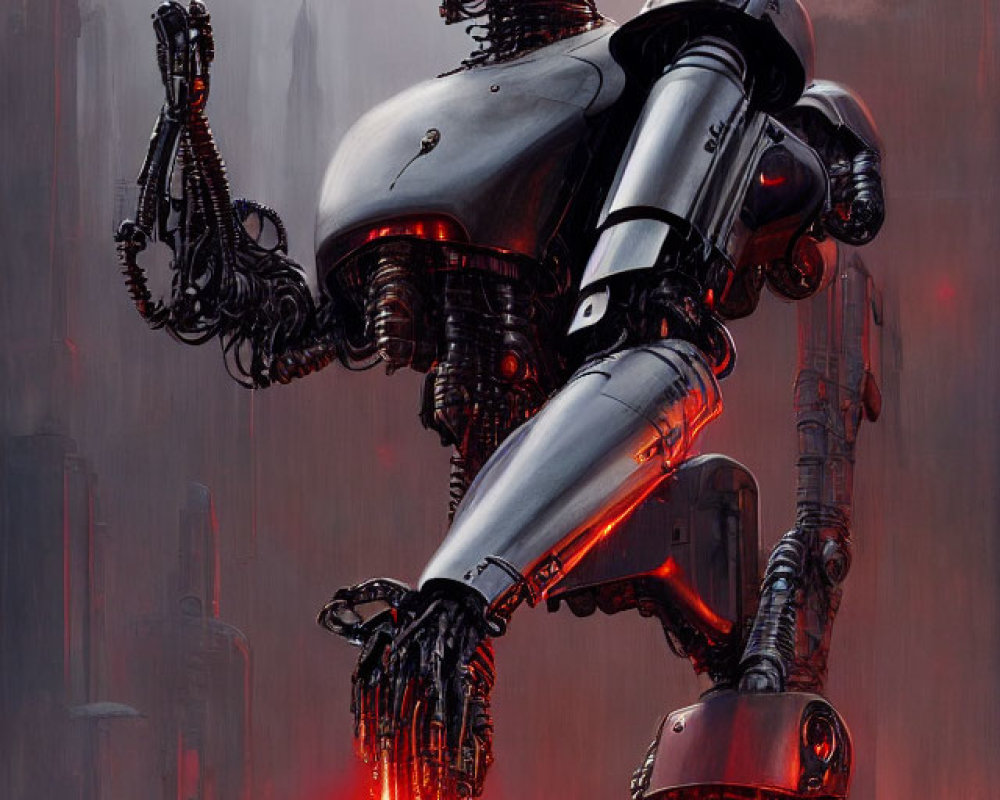 Futuristic silver robot with glowing red orb in misty cityscape