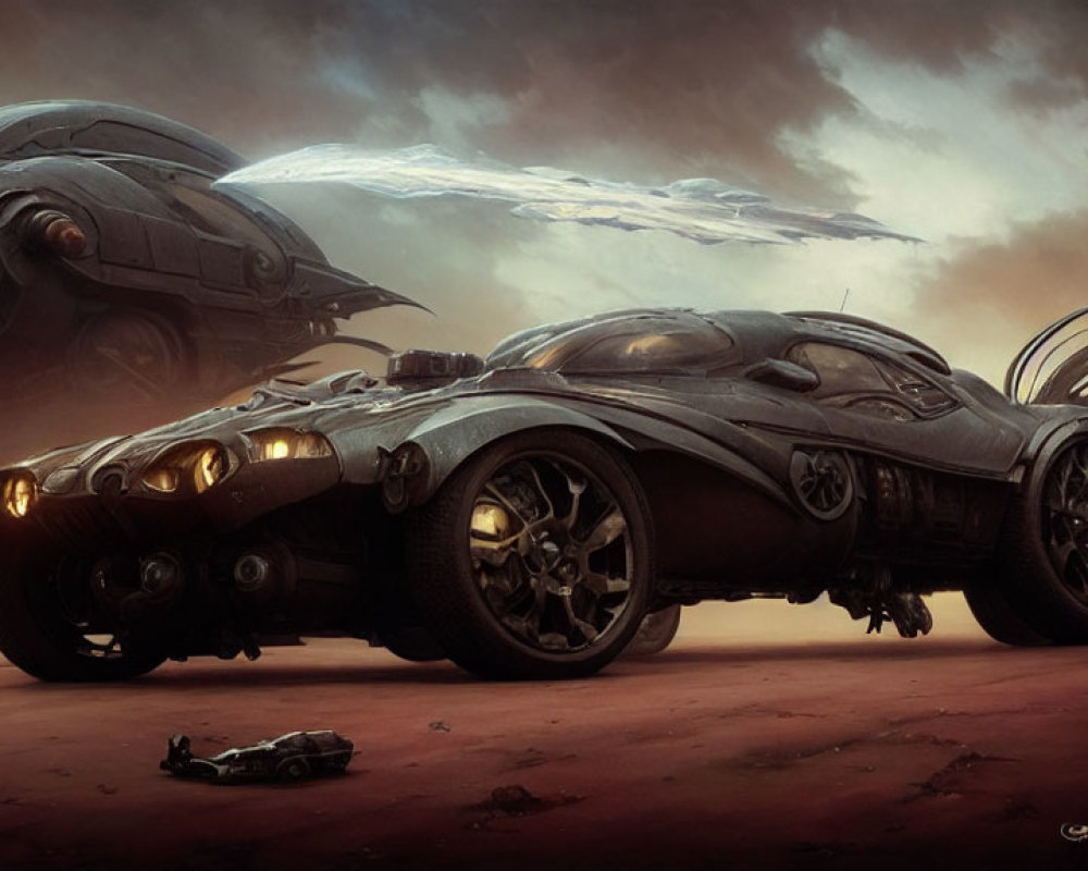 Futuristic car in barren landscape with airships in red sky