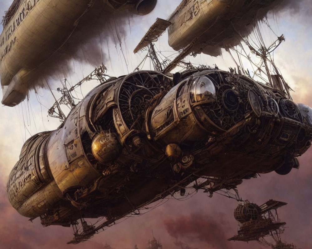 Elaborate Steampunk Airship with Mechanical Details in Dramatic Sky