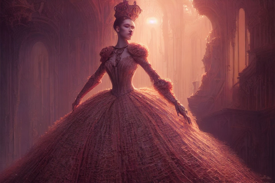 Elegant woman in ornate gown in grand, warm-lit hallway