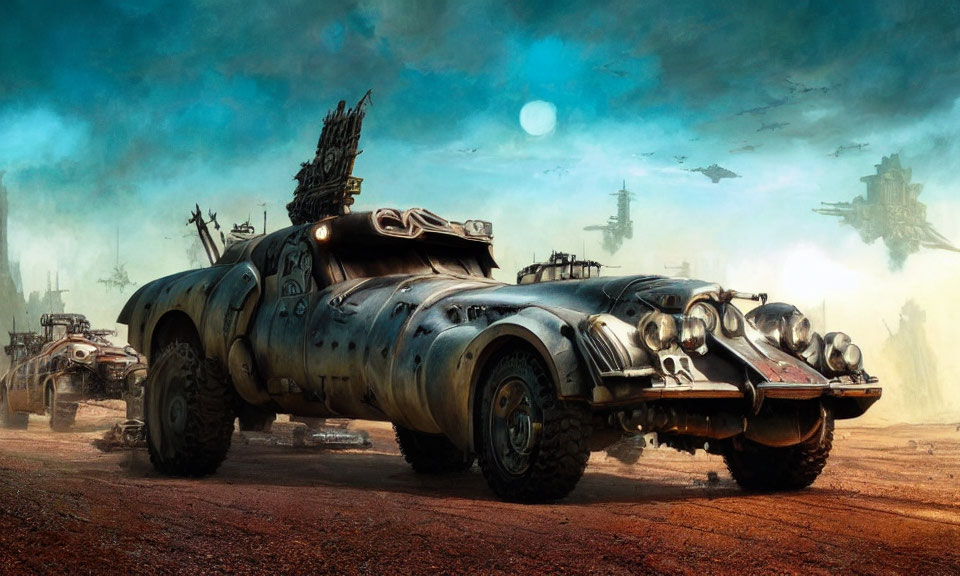 Elaborate Dystopian Vehicle with Armored Plating in Desolate Landscape