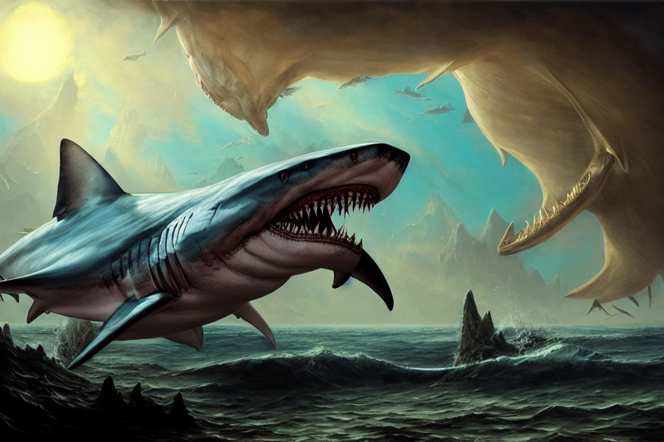 Menacing shark dominates turbulent ocean with surreal creatures