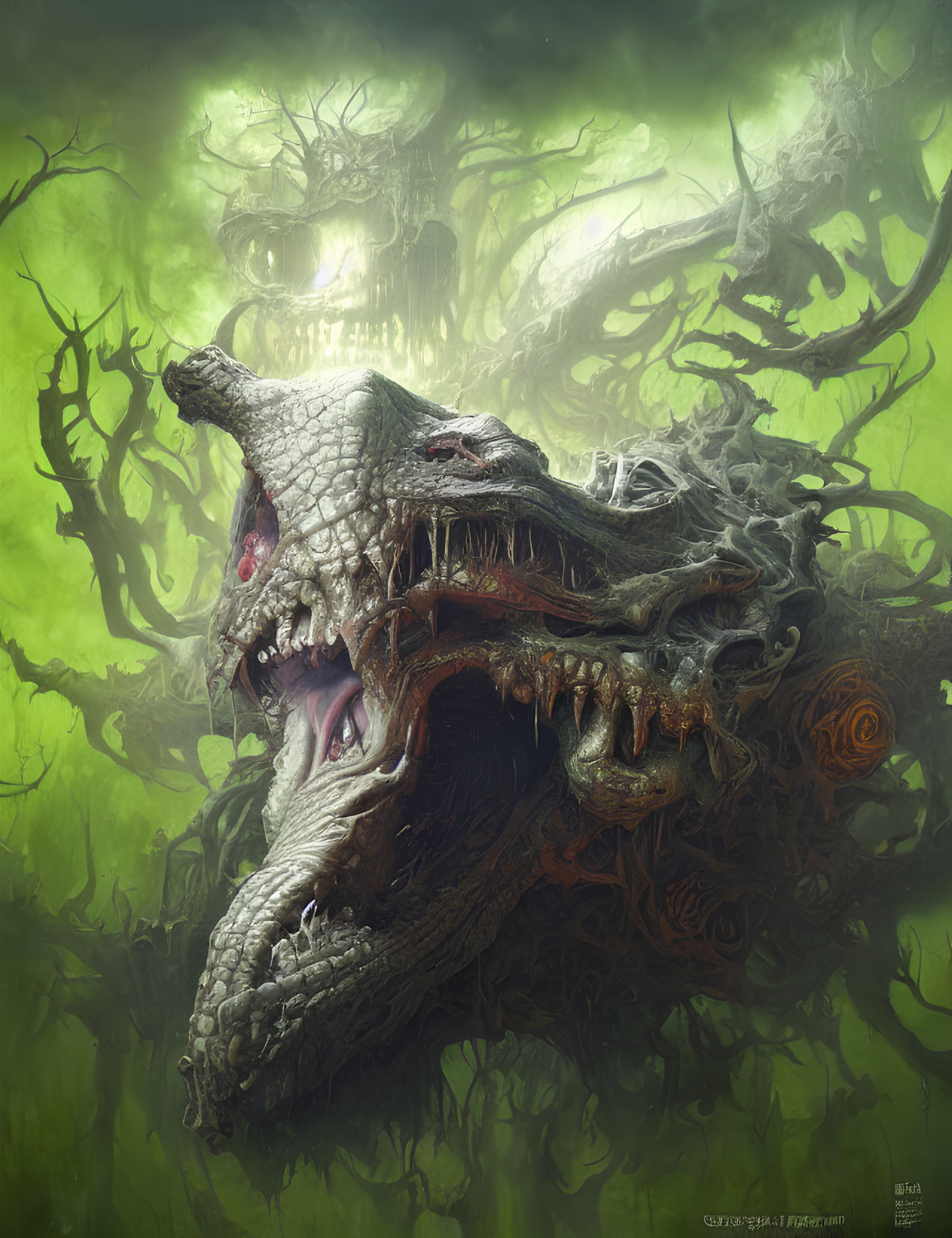 Monstrous dragon roaring in foreboding forest with twisted trees