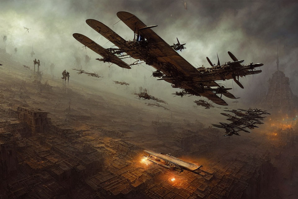 Vintage Aircraft Flying Over Dystopian Landscape