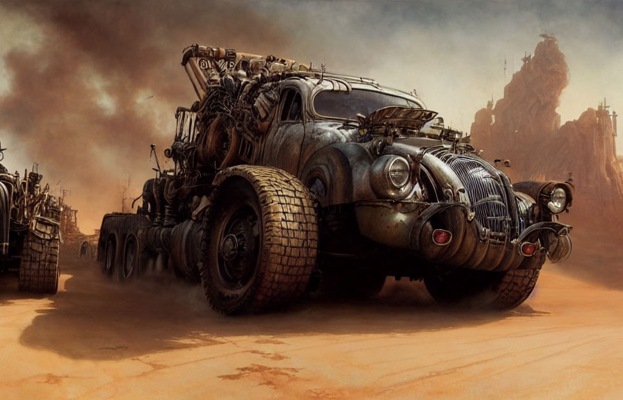 Heavily modified vehicle in post-apocalyptic desert landscape