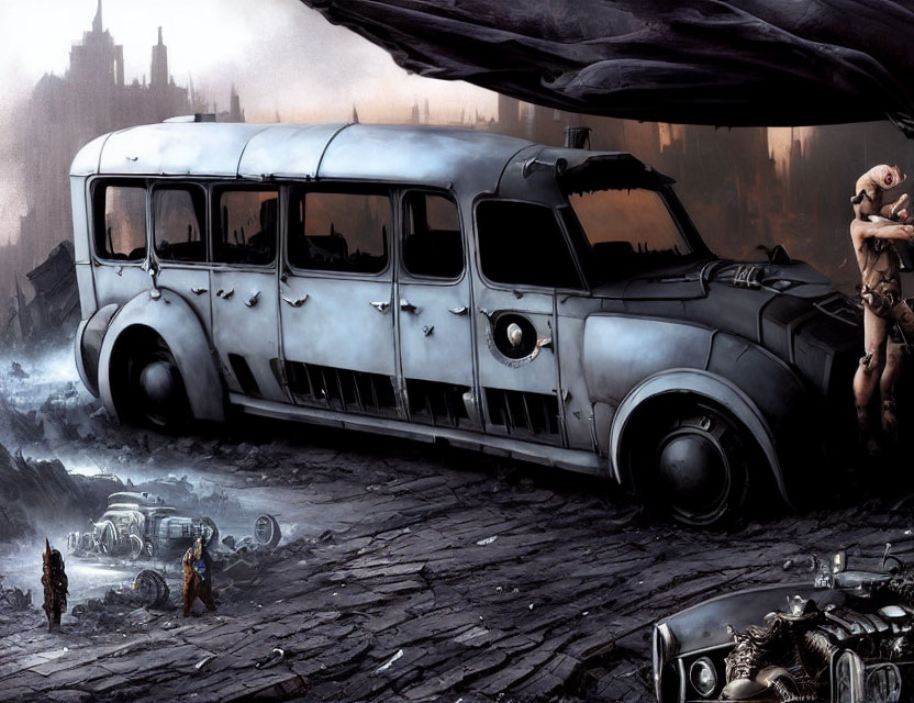 Decrepit Bus in Dystopian Landscape with Humanoid Figure