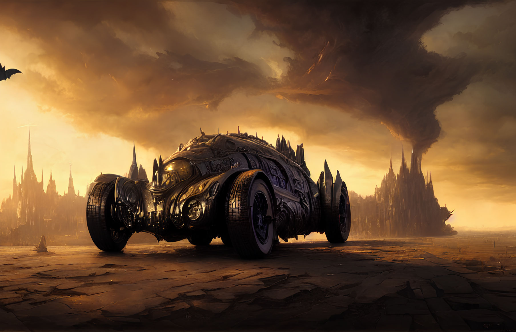 Futuristic vehicle with intricate designs in desolate landscape