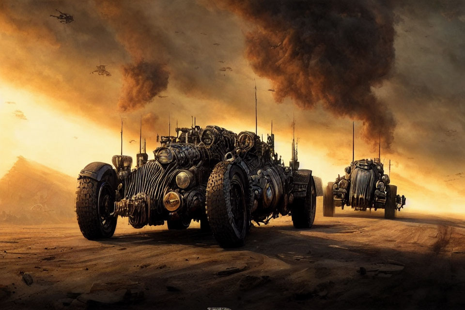 Armored vehicles with large tires in apocalyptic landscape