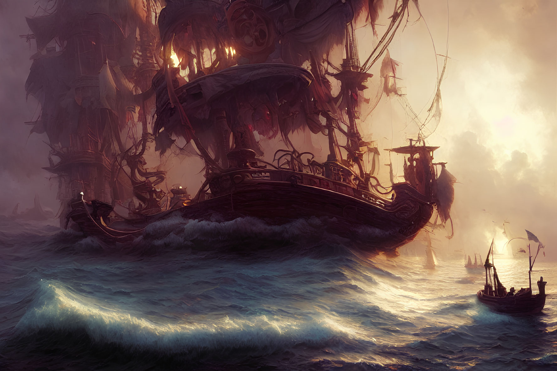 Elaborately decorated sailing ship in turbulent seas at dusk