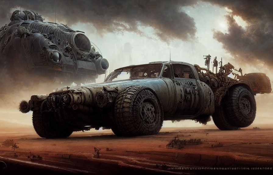 Post-apocalyptic vehicle with large tires and futuristic airship in barren landscape