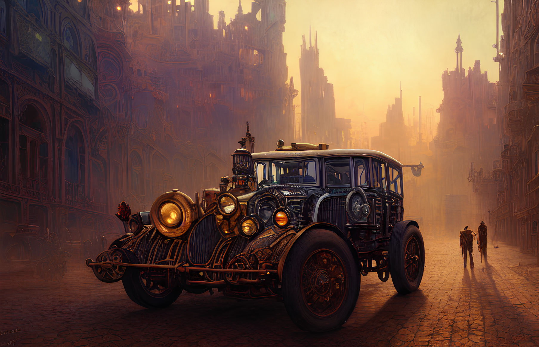 Vintage Car on Cobblestone Street in Fantastical City with Gothic Architecture