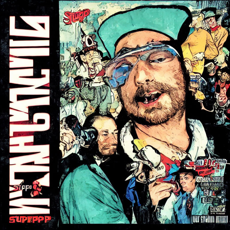 Vibrant comic book-style album cover with man in cap among chaotic scenes