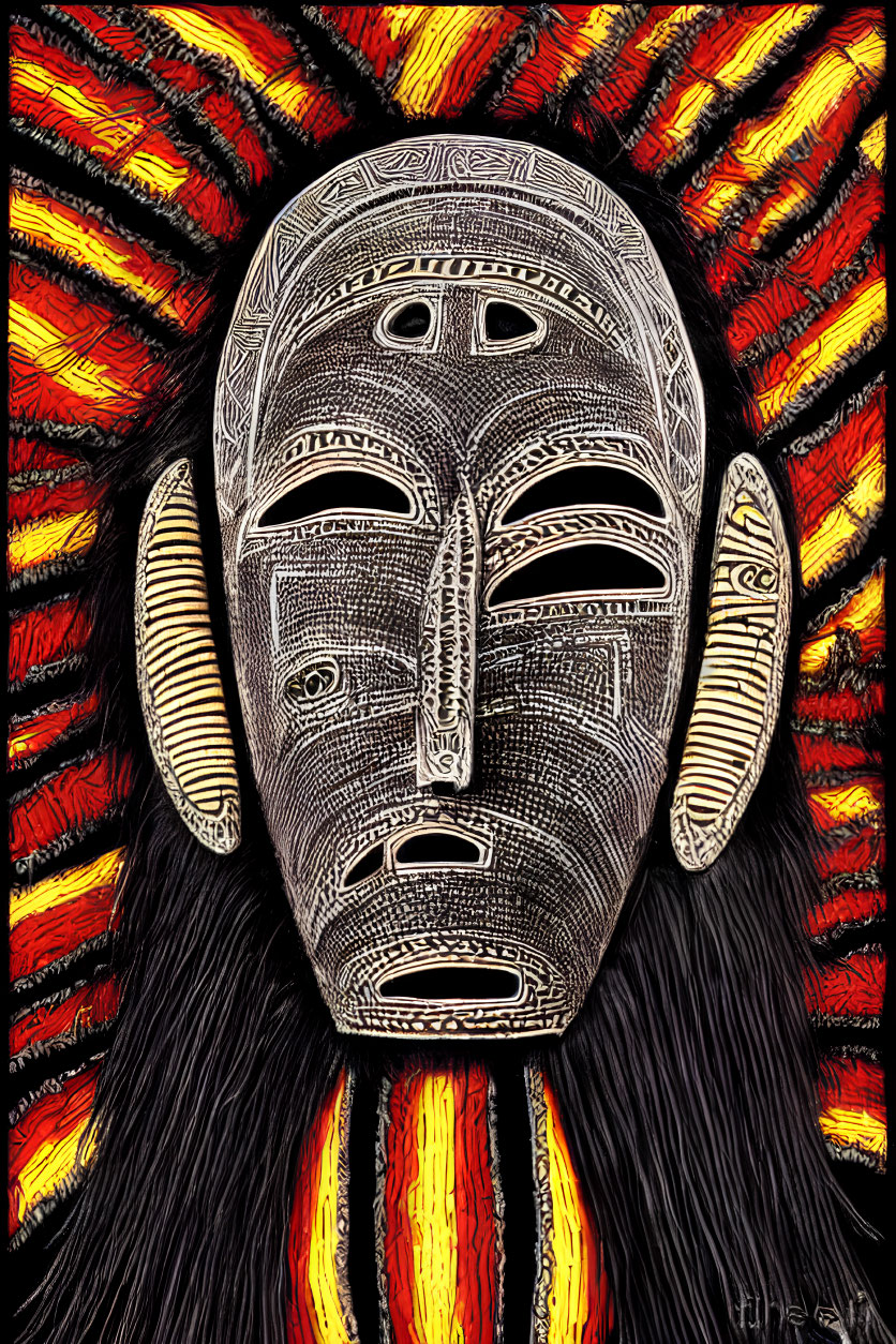 Intricate African mask on vibrant fiery background