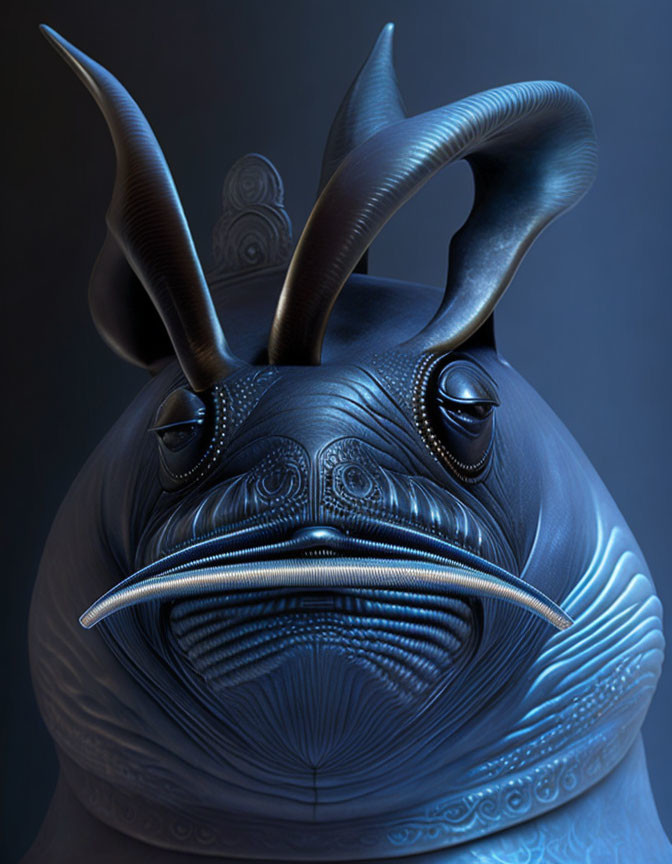 Horned blue and black creature with bulbous eyes and patterned skin