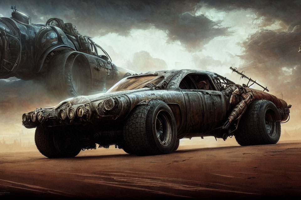 Armored post-apocalyptic vehicles with spikes and weaponry under stormy sky